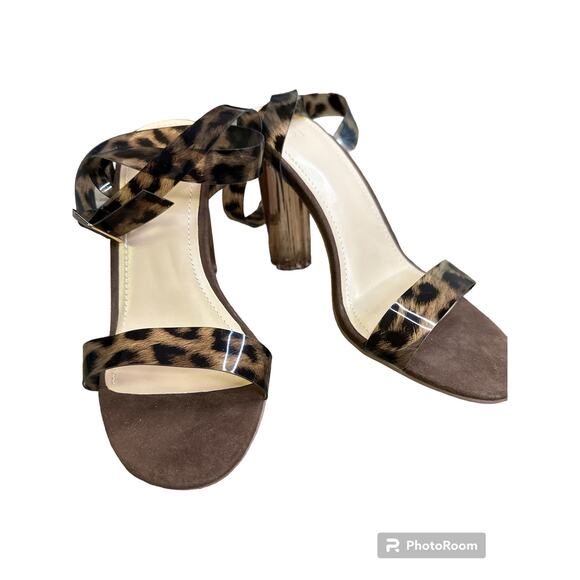 Just Fab Cheetah Print Hanna Transparent Heeled Peep Open Toe Sandal Size 7.5 - Picture 1 of 8